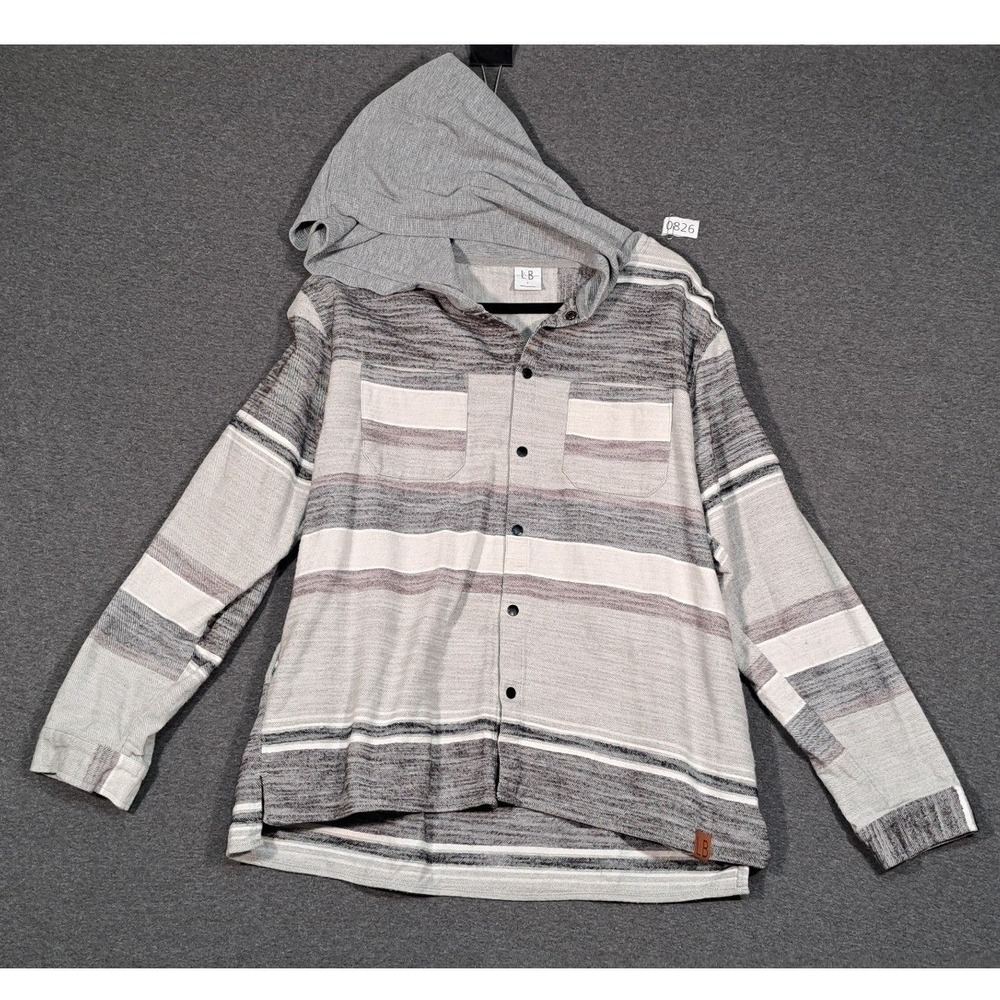 LB Collections Grey Striped Cotton Baja Hoodie Snap Front Shirt Jacket Large